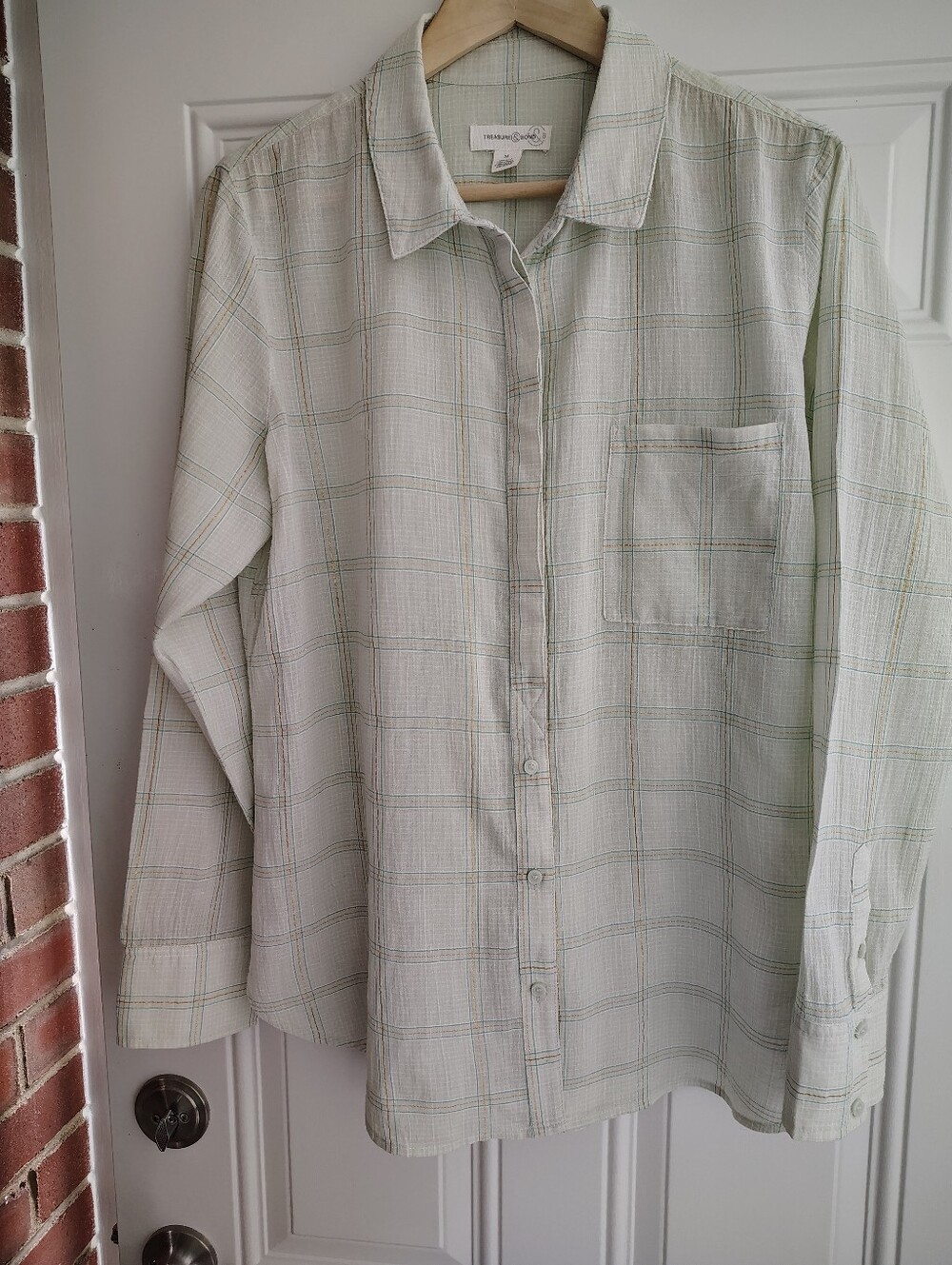 Treasure & Bond Metallic Plaid Cotton Button-Up Shirt - Size M - Mint Green